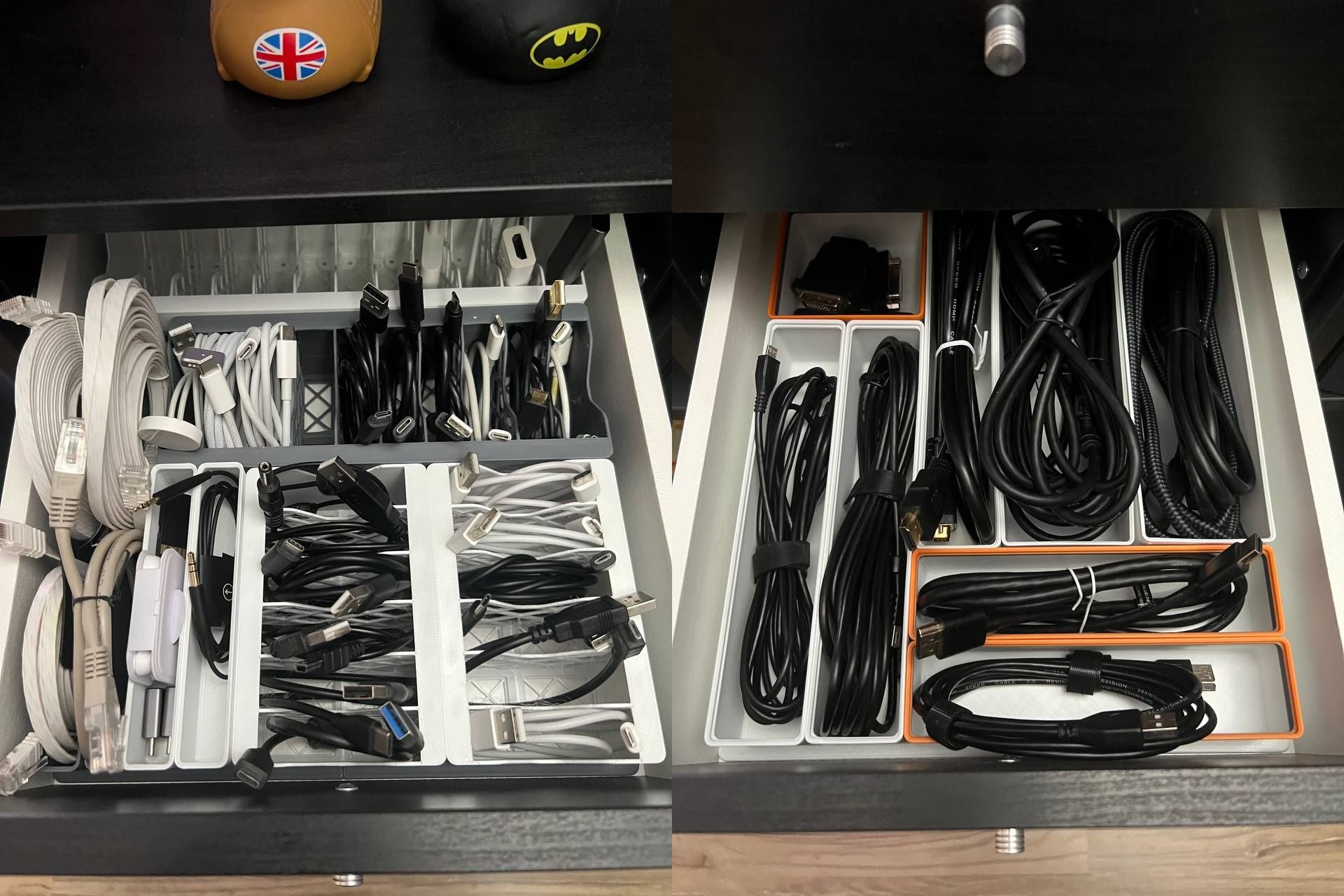 Sorted cables with the Gridfinity system in two IKEA drawers