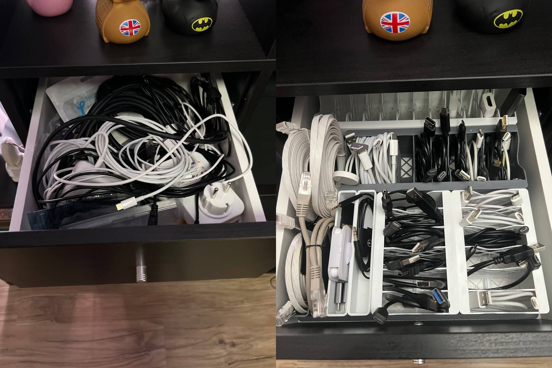 Tangled cables without Gridfinity system and sorted cables with Gridfinity system.