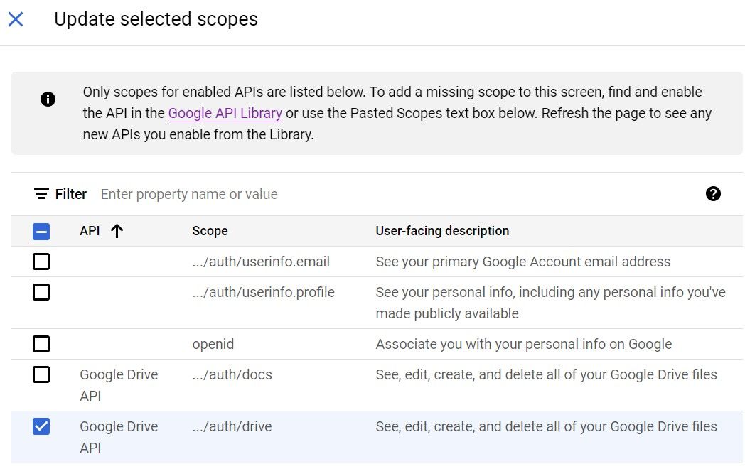 Dialog box for updating Google API scopes, including Google Drive file access options.