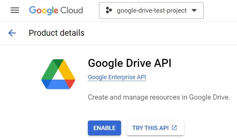 Google Cloud Platform's Google Drive API page with options to enable the API 