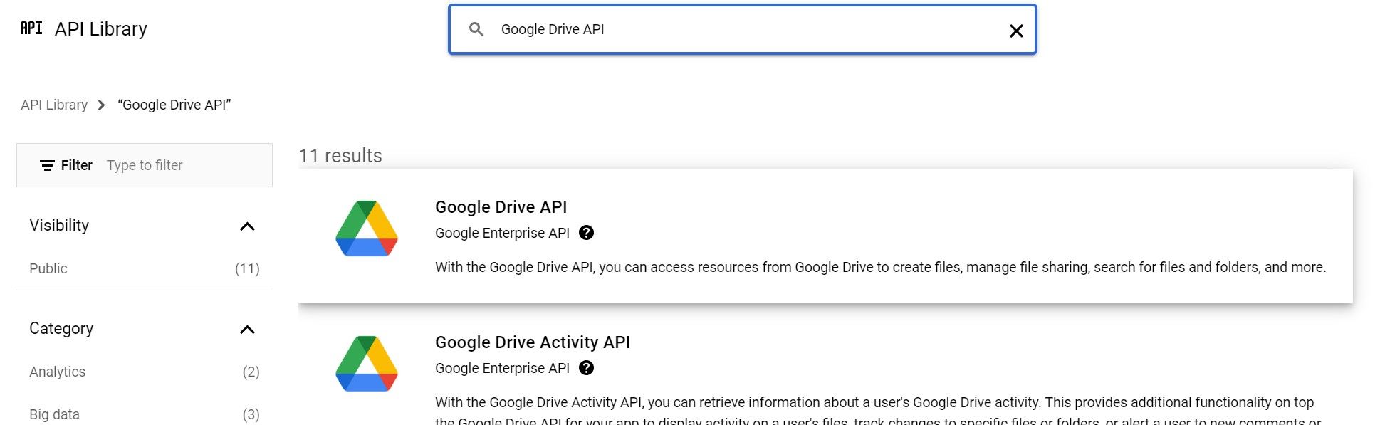Search results in the Google Cloud API Library for 'Google Drive API', showing options for Google Drive API 