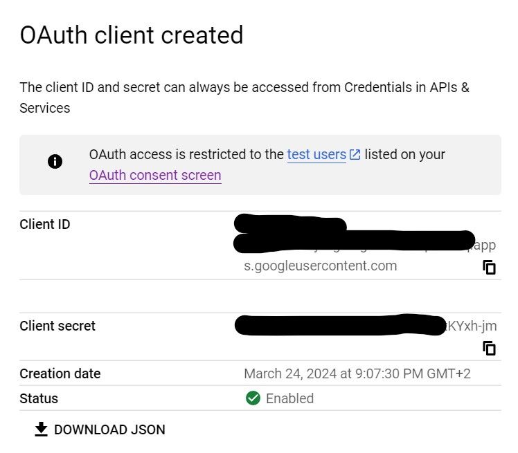 OAuth 2.0 client creation result with details: Client ID and Client secret