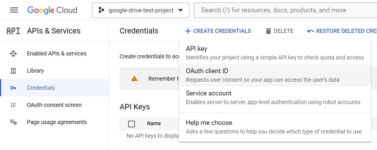 Google Cloud credentials page for creating API keys and OAuth client IDs