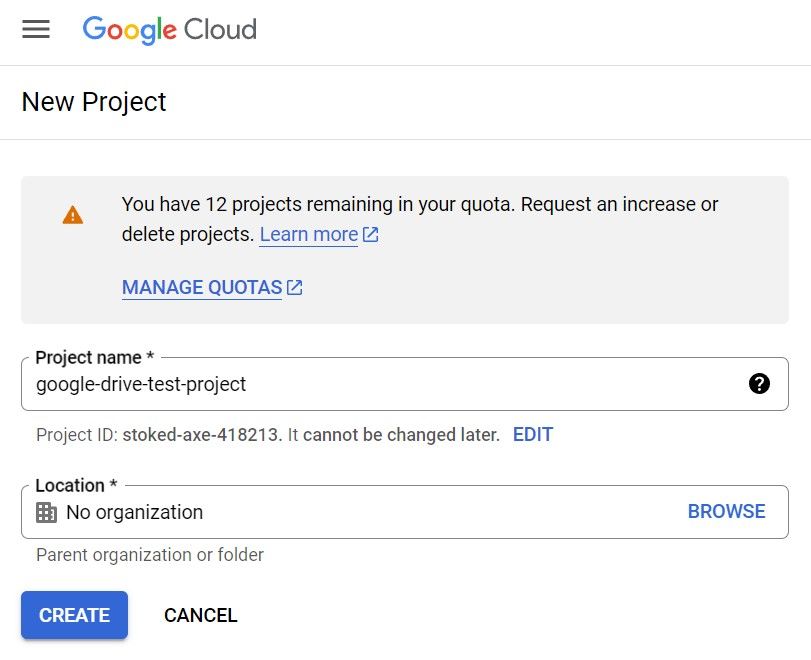 Google Cloud Platform new project creation form with filled-in project name, ID, and location set to no organization.