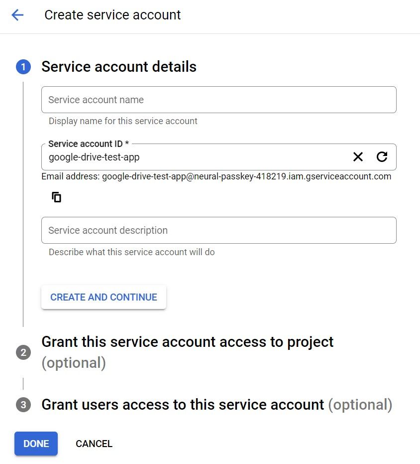 Google Cloud Platform form for creating a service account. Fields for service account name, service account ID, and email address are shown, with 'google-drive-test-app' as the entered service account ID.