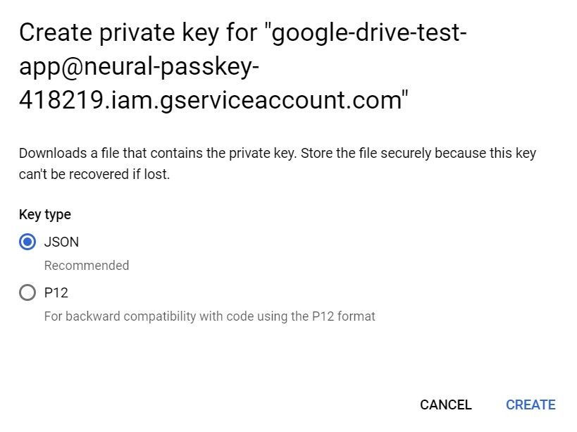 Dialog for creating a private key for a Google Cloud service account, with the option to download the key in JSON format.