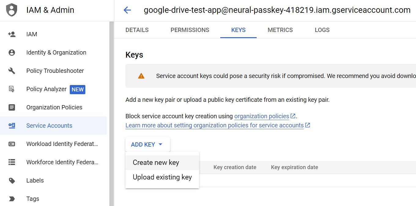Google Cloud Platform IAM & Admin section showing service account details with an option to 'Add Key' for the 'google-drive-test-app' account. 