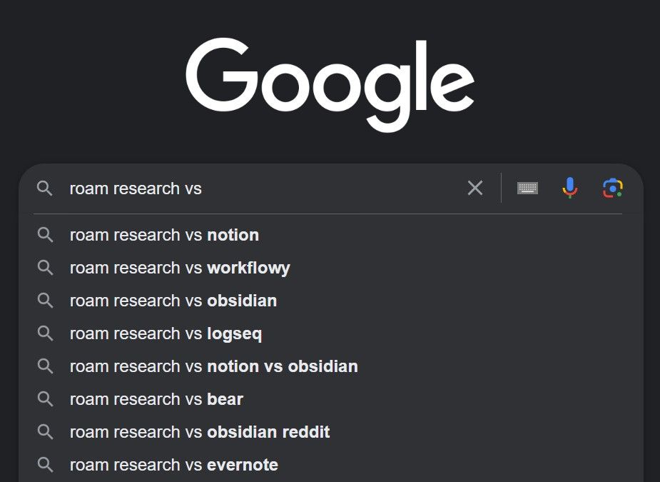 Google search bar with autocomplete suggestions comparing Roam Research with other note-taking applications such as Notion, Workflowy, Obsidian, Logseq, Bear, and Evernote