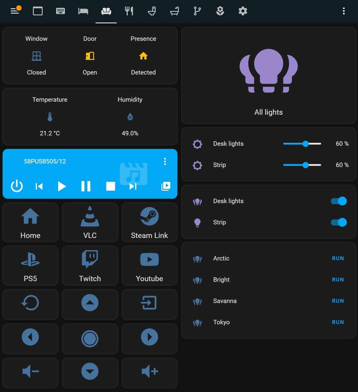 Screenshot of a smart home control panel interface (Home Assistant) showing status indicators for window, door, presence, temperature, humidity, and controls for lights and multimedia devices