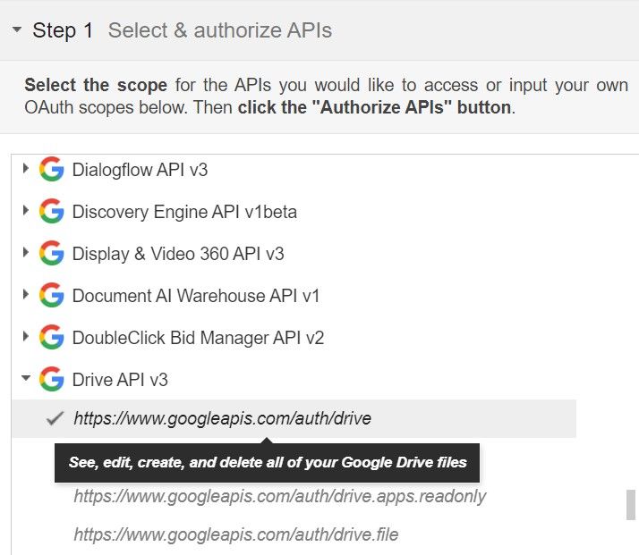 Web interface showing a selection of Google API scopes, with Drive API v3 scope for full access to Google Drive files highlighted.