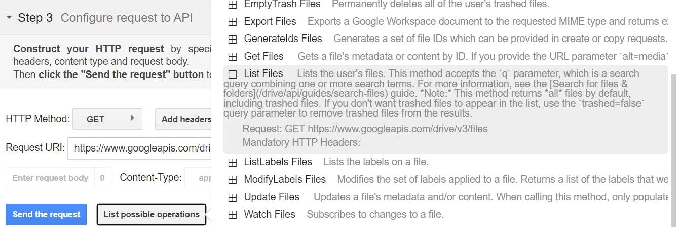 Web interface for configuring an HTTP request to the Google Drive API, with operation 'List Files' selected.