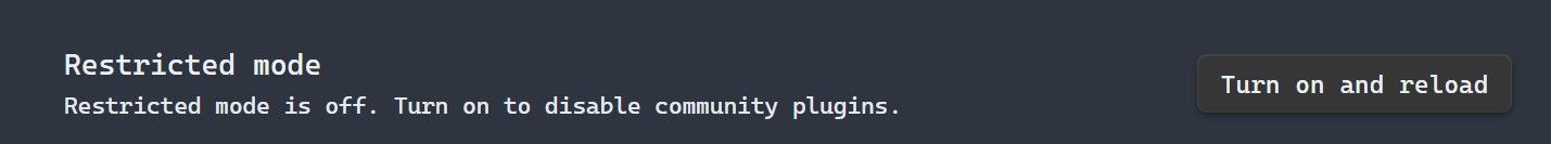 Obsidian.md settings with the restricted mode setting set to 'off'