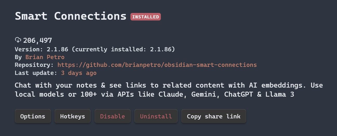 Obsidian.md community plugins search section with enabled 'Smart Connections' plugin