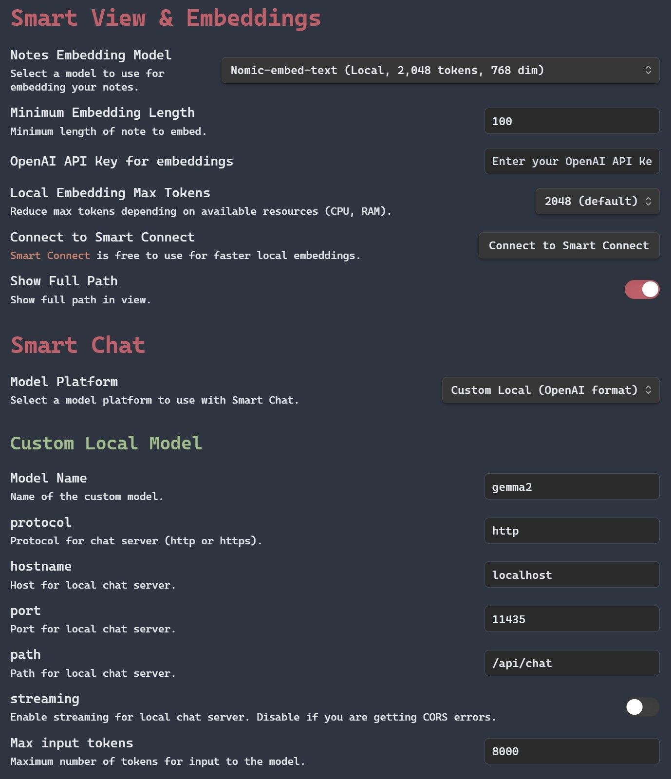 Obsidian.md Smart Connections plugin options for local Ollama LLMs